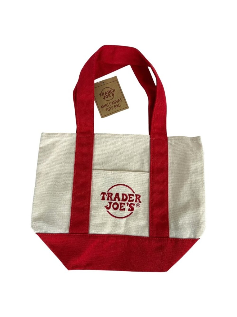 New Trader Joes Mini Canvas Tote Bag Cream With Red Trim Tags Limited Edition